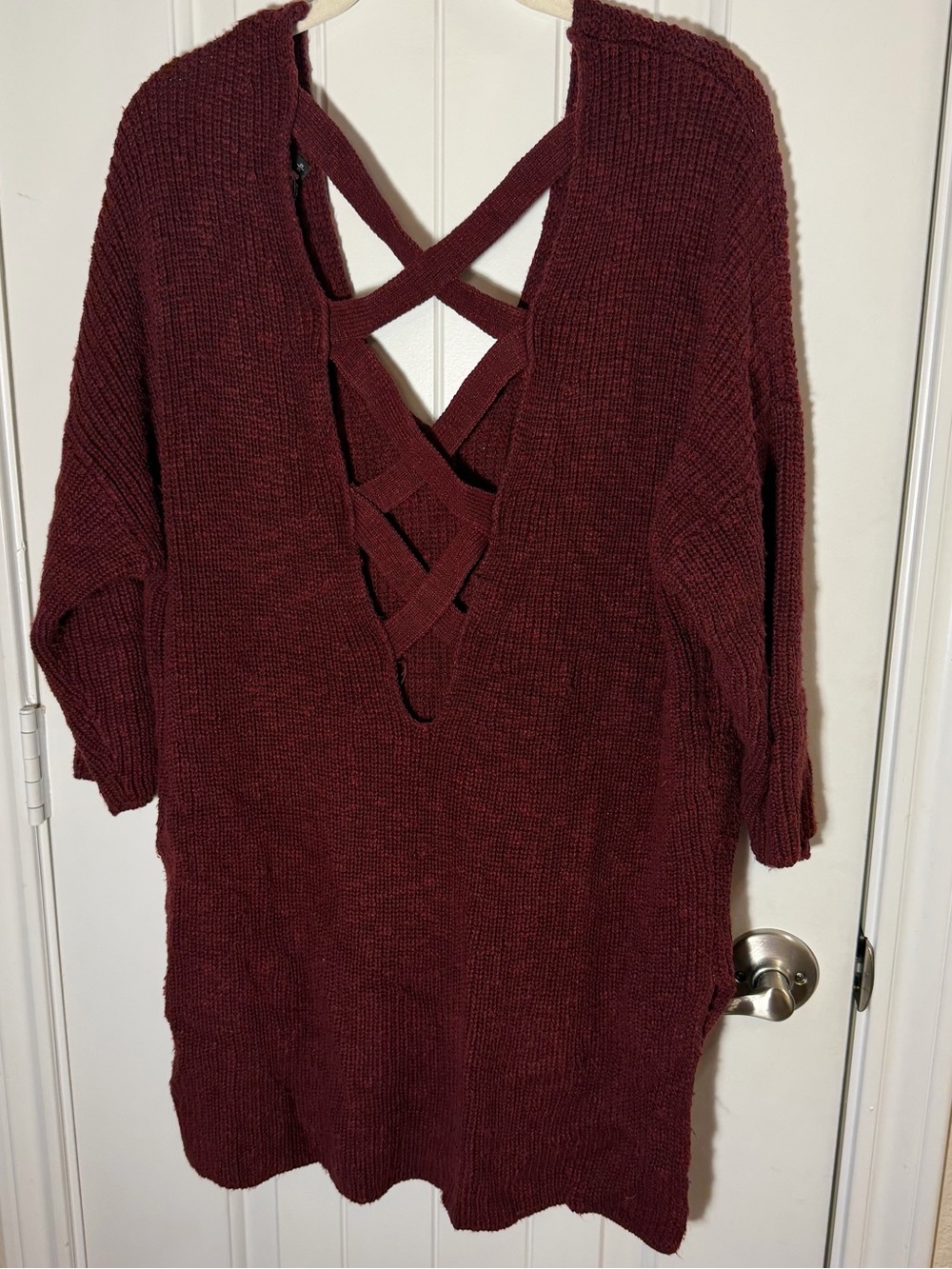 Express Burgundy Criss Cross Back Oversized Knit Sweater Tunic M
